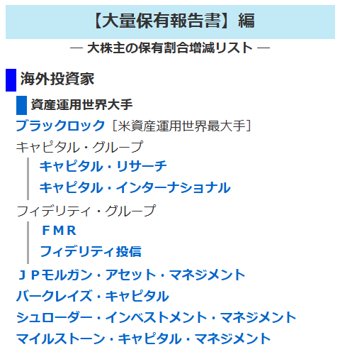 大口投資家の動向：投資家一覧